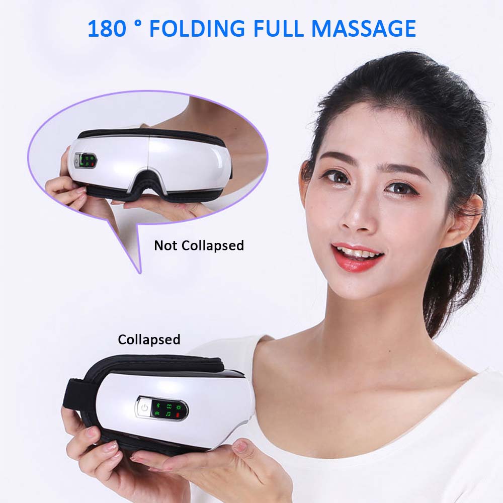 Woman relaxing at home with a heated air compression eye massager